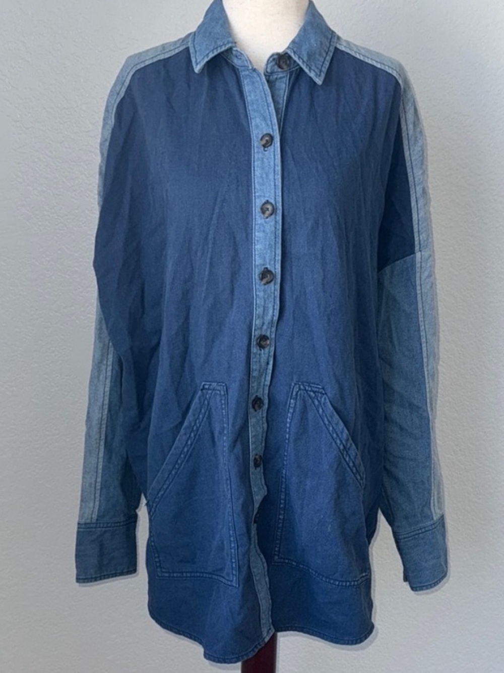 Free People Two-Tone Denim Button-Down Shirt Jacket in Dark & Light Blue